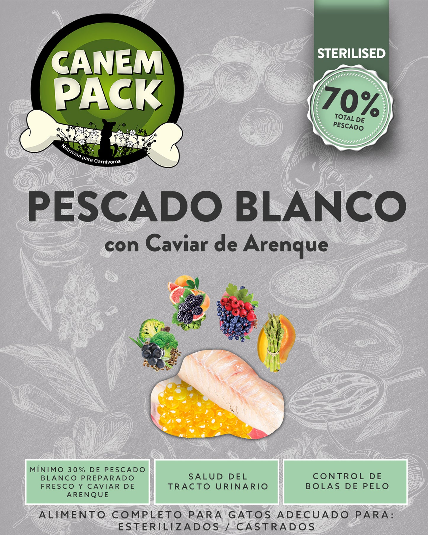 GATO ESTERILIZADO PESCADO BLANCO CON CAVIAR DE ARENQUE