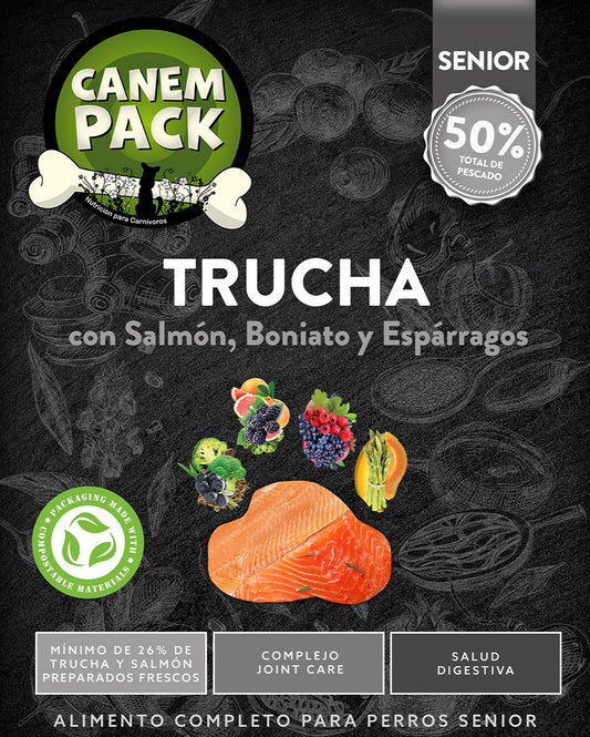 PERRO SENIOR TRUCHA CON SALMÓN, BONITO Y ESPÁRRAGOS