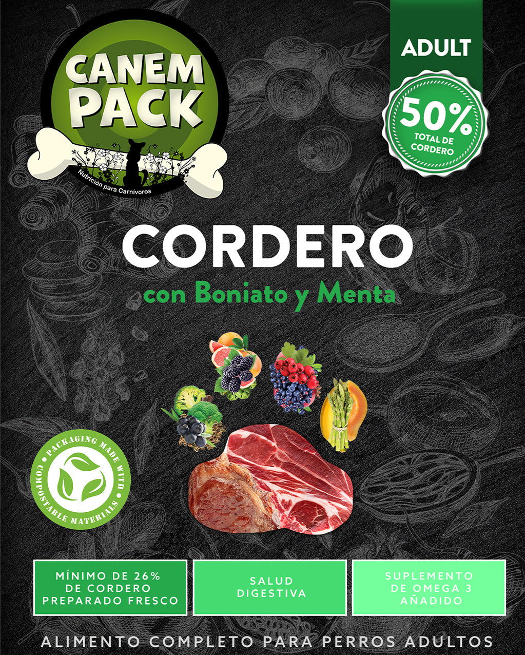 PERRO ADULTO CORDERO CON BONIATO Y MENTA