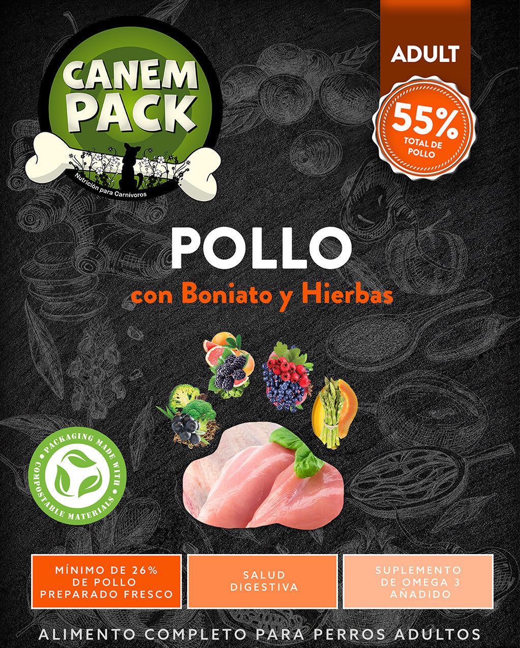 PERRO ADULTO POLLO CON BONIATO Y HIERBAS