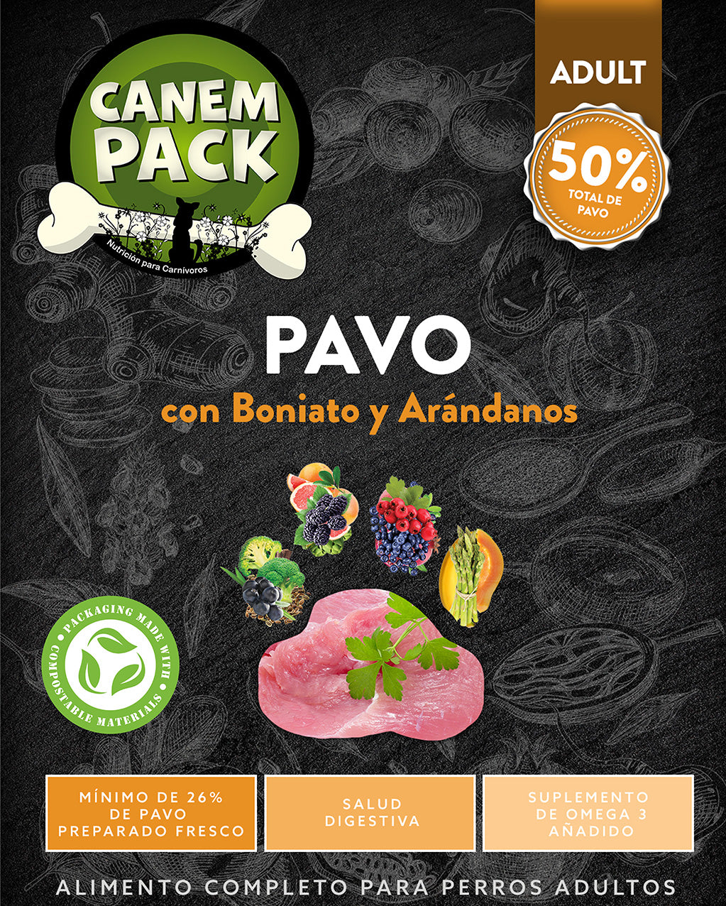 PERRO ADULTO PAVO CON BONIATO Y ARÁNDANOS