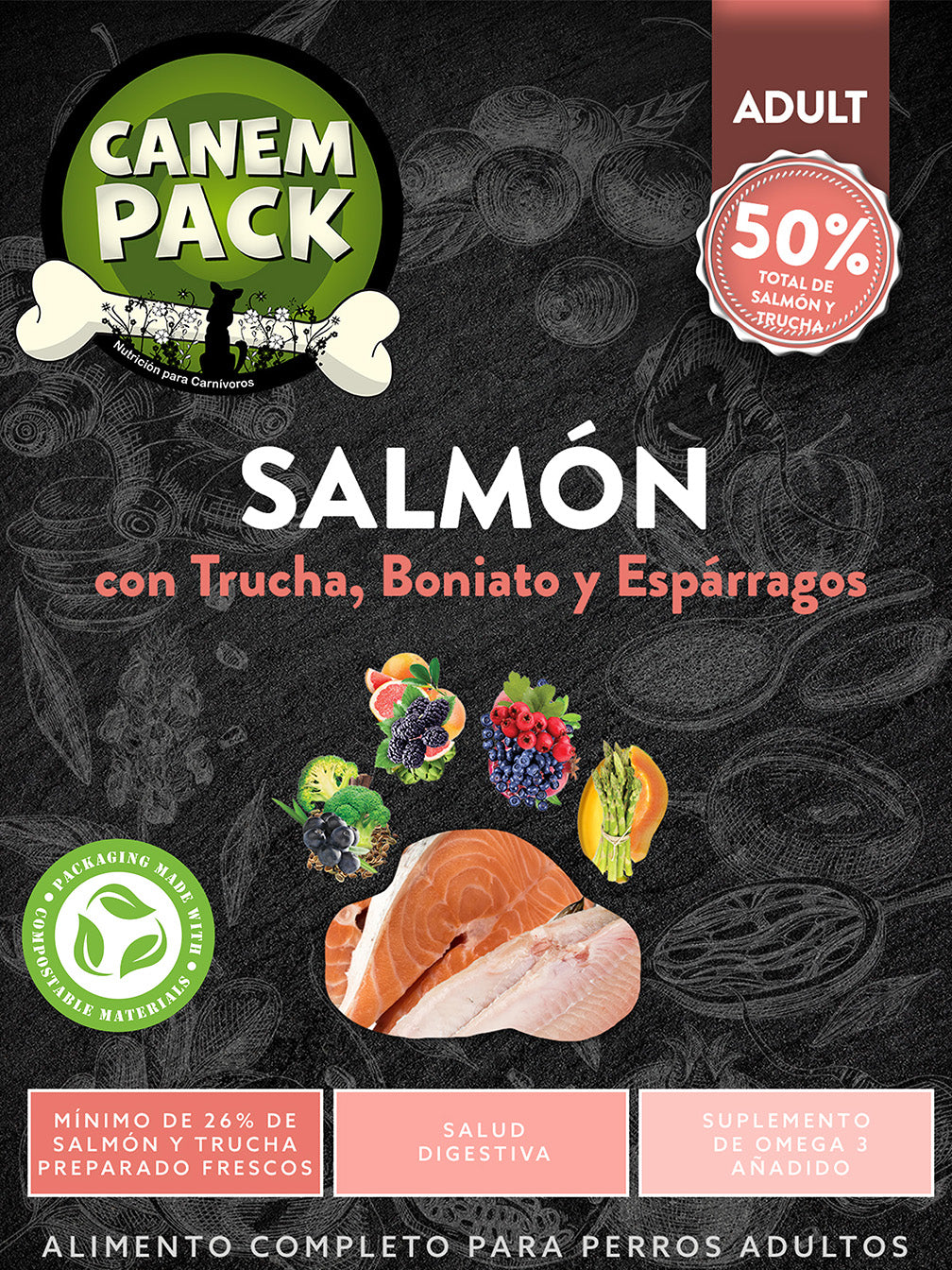 PERRO ADULTO SALMÓN CON TRUCHA, BONIATO Y ESPÁRRAGOS