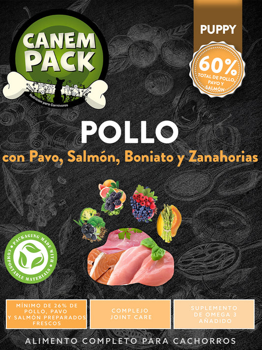 PERRO CACHORRO POLLO CON PAVO, SALMÓN, BONIATO Y ZANAHORIAS